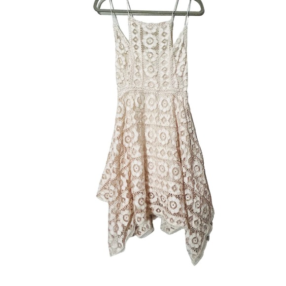 Free People Just Like Honey Beige Lace Asymmetric Mini Dress Size 8 Medium - Picture 9 of 14